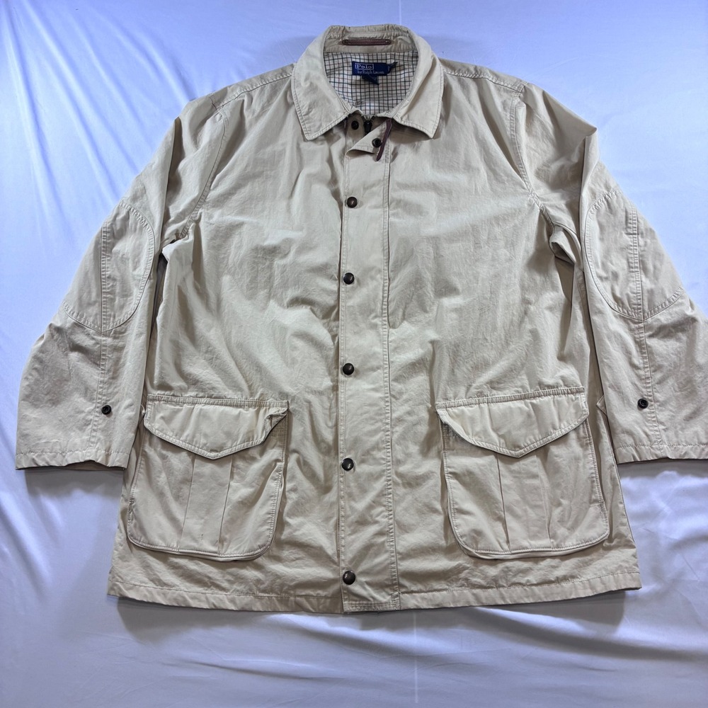 VTG Polo Ralph Lauren Tan Cotton Field Jacket XXL Plaid Lined Utility Chore Coat